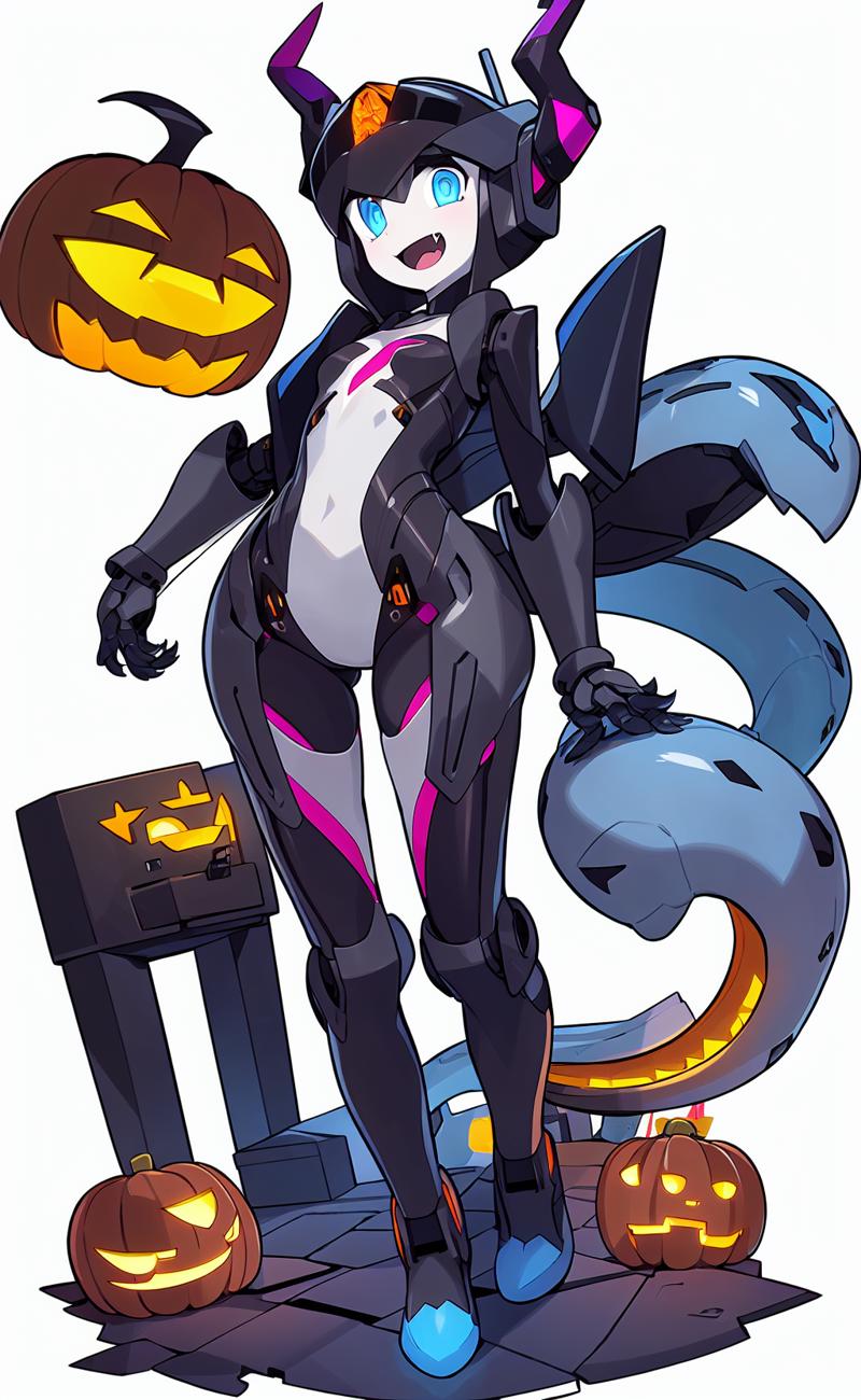 09205-2353782897-1girl, solo, blue eyes, candle, open mouth, smile, white background, horns, tail, full body, robot, jack-o'-lantern, simple back.png